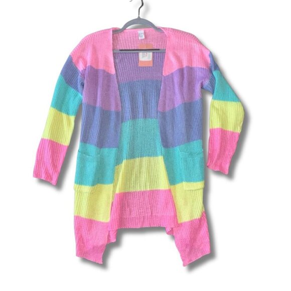 Pastel Rainbow Knit Long Sleeve Cardigan Lightweight Spring Pockets Colorblock - Picture 2 of 16